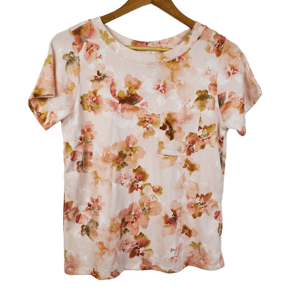 Nicole Miller New York Peach Floral Knit Top Blouse Sz S